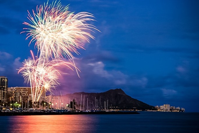 fireworks in the sky over a body of water