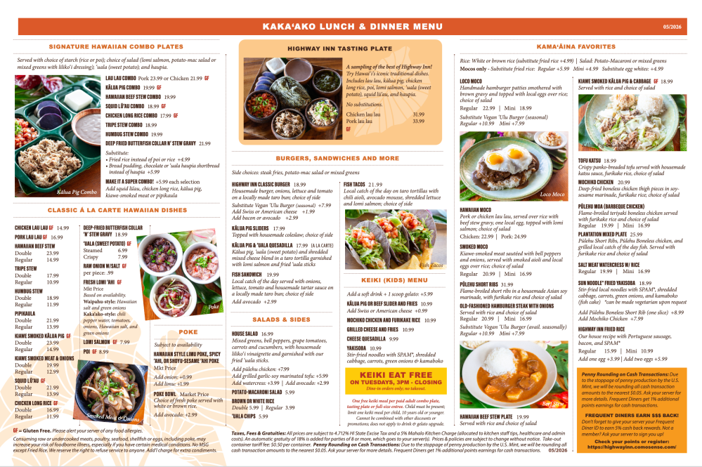 Colorful restaurant menu with various Hawaiian dishes and prices.