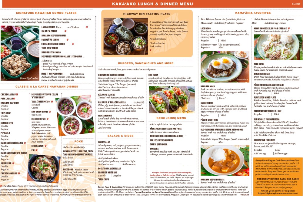 Colorful restaurant menu with various Hawaiian dishes and descriptions.