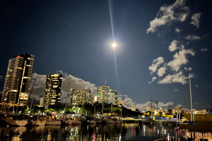 a close up of a harbor at night