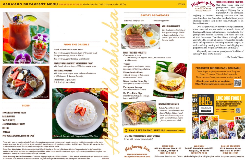 Kaka'ako breakfast menu with colorful food photos and special dishes displayed.