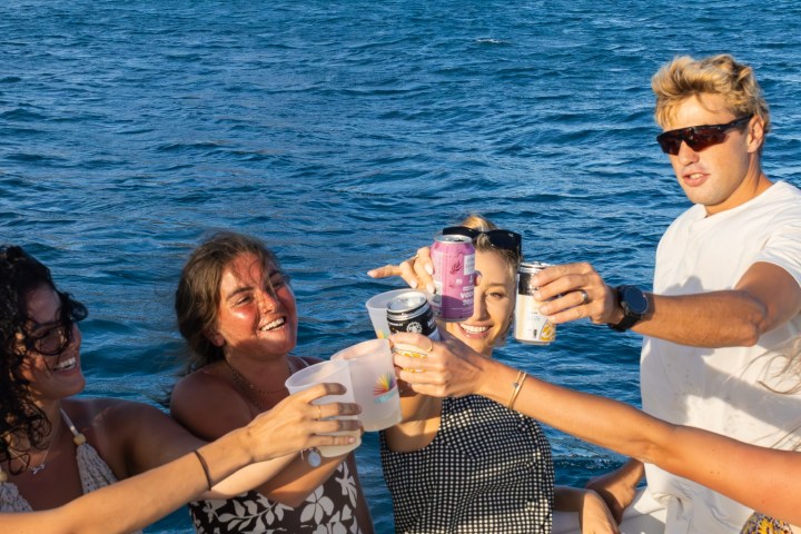 Group of people toasting drinks on a boat with a mountain in the background.