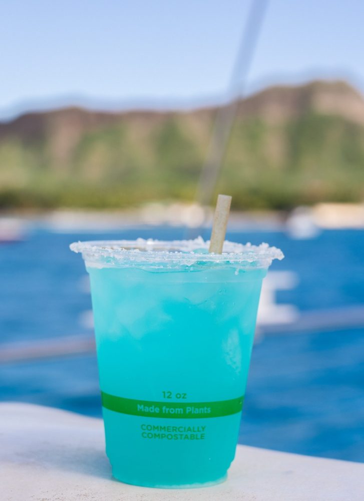Blue cocktail in a compostable cup by a scenic ocean view.