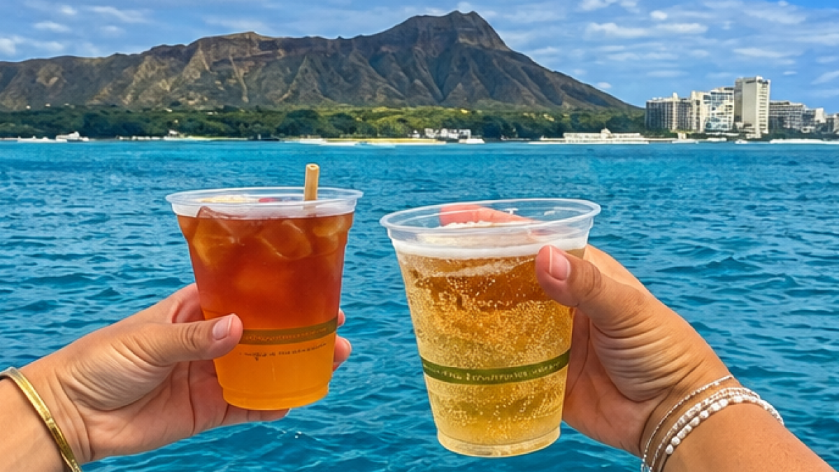 Two hands holding drinks with ocean and mountain backdrop.