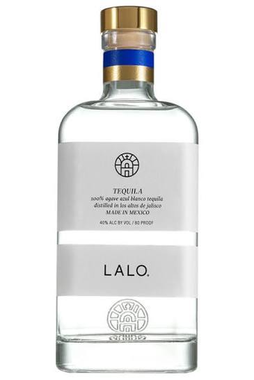 Clear glass bottle of Lalo tequila with white label and blue accent.